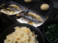たけのこご飯、まあじの干物、半熟煮たまご、わかめの味噌汁